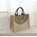 Large capacity jute tote handbag, casual commuting shoulder bag with black handles. - Large Semicircle Style