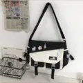 Borsa a tracolla in tela bianco e nero, stile giapponese, borsa casual per studenti. - Borsa Singola / Nero Impermeabile Resistente all'Usura
