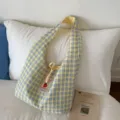 Japanese style yellow blue plaid canvas shoulder bag large capacity casual tote bag for students. - Yellow and Blue Plaid (Reversible)