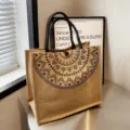 Fashion ethnic style jute tote bag, vintage geometric printed canvas handbag for women daily commute. - Horizontal Upgrade Large Totem Style