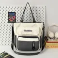 Large capacity canvas tote bag shoulder crossbody bag casual color block fashion student. - Gray