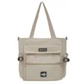 Khaki canvas large capacity tote bag commuter student shoulder bag with multiple pockets. - Khaki