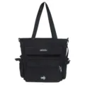 Black multi-pocket canvas tote bag, large capacity stylish shoulder bag for daily commute. - Black