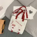 Japanese style contrast color canvas tote bag with front pocket casual crossbody shoulder bag - Waterproof White without Pendant
