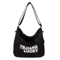 Black canvas shoulder bag casual large capacity crossbody tote bag for women students - Black
