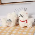 Cute fluffy alpaca brooch plush toy with glasses and red scarf, adorable bag charm accessory. - Brooch Style / Beige / 7cm
