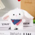 Cute white plush bunny rabbit plushie toy doll pendant with blue denim scarf decoration. - Little Rabbit (With Bib)