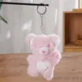 Cute pink plush bear keychain with heart charm, soft stuffed animal bag accessory pendant. - Hello Bear Pink (Round Buckle)