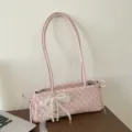 Bolso de hombro rosa con lunares lazo de encaje perla estilo baguette para mujeres - Con Colgante / Rosa