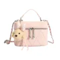 Pink quilted vanity bag with chain strap, stylish shoulder handbag with cute plush puppy charm. - Pink With Charm