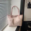 Pink leather tote bag with butterfly print and matching small pouch for women, elegant daily shoulder bag. - Pink