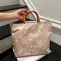 Bolso tote de lona con mango de bambu gran capacidad bordado floral bolso de mano trabajo oficina - Rosa