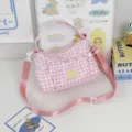 Rosa karierte Canvas Umhängetasche für Damen, süße Freizeit Tasche mit Tasche und Gurt. - Rosa