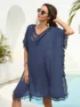 Dark blue beach cover up detail, crochet V neck and tassel fringe design for women. - One Size / Dresses / Navy Blue