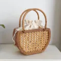 Handwoven rattan straw shoulder bag with white fabric lining, vintage bucket bag for women - 23*9*16cm / Bamboo and Rattan Bag (Yellow)
