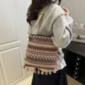 Ethnic style woven crossbody bag for women, vintage tribal pattern shoulder handbag with tassels. - Red