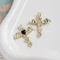 Gothic bat wing cross pendant DIY jewelry accessory with black heart crystal charm. - 1 Piece / Gold Tone Black Rhinestone (1#)