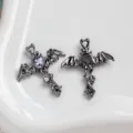 Gothic Bat Wing Cross Pendant DIY Gothic Necklace Bracelet Jewelry Charm Fashion Accessory - 1 Piece / Gunmetal Tone Purple Rhinestone (14#)
