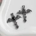 Dark gothic bat cross charms with black heart crystal for DIY jewelry making necklaces earrings. - 1 Piece / Gunmetal Tone Black Rhinestone (15#)