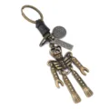Vintage Metall beweglicher Skelett Roboter Schlüsselanhänger mit Lederband für Autoschlüssel - Schwarz Leder