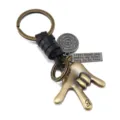 Vintage metal leather braided gesture keychain retro car key ring men fashion pendant accessories - Black