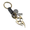 Vintage metal flame keychain with braided leather rope, stylish bronze finish men's pendant. - Black Leather