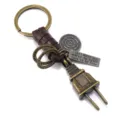 Vintage metal plug keychain with braided cowhide rope and engraved metal tag pendant for men. - Brown