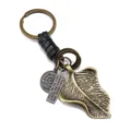 Vintage metalen blad sleutelhanger met rundleer band, retro brons afwerking, autohanger. - Zwart
