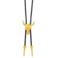 Corbata bolo de metal estilo vaquero occidental con colgante de craneo de toro dorado y cordon. - Decoración de cabeza de toro