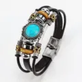 Pulsera de cuero de múltiples capas vintage con piedra turquesa central y cierre de acero. - Estilo Turquesa / Negro
