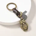 Vintage leather owl keychain bronze alloy keyring bag pendant fashion accessories charm gift - Owl