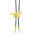 Gold galloping horse pendant bolo tie with black braided leather cord vintage western necktie - Horse