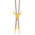 Vintage Western Cowboy Bolo Tie Leather Rope Necklace Gold Bull Skull Pendant Unisex - Goat Head