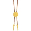 Vintage Western cowboy bolo tie with brown braided PU leather rope and gold metal pendant. - Patterned Round