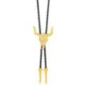 Gold metal bull skull bolo tie necklace featuring black braided leather rope design. - Goat Head