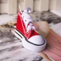 Red mini canvas sneaker keychain, cute high top shoe bag charm and car key accessory. - Red