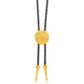 Vintage bolo tie with ornate gold metal circular pendant and black braided leather cord. - Patterned Round