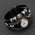 Reloj de pulsera de cuero estilo punk vintage para hombres y mujeres reloj de cuarzo negro - Negro