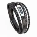 Pulsera de cuero negro trenzado para hombre, con cruz de acero inoxidable y cierre magnético. - Estilo A / Longitud 21cm