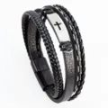 Pulsera de cuero negro multicapa con placa de cruz de metal y cierre magnético. - Estilo B / Longitud 21cm