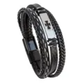 Pulsera de cuero trenzado multicapa para hombre con cruz de acero inoxidable y cierre. - Estilo C / Longitud 21cm
