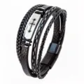 Pulsera hombre cuero negro trenzado multicapa cruz acero inoxidable cierre magnético detalle - Estilo D / Longitud 21cm