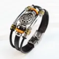Pulsera de cuero genuino multicapa con cierre de acero inoxidable y dije de girasol - Girasol / Negro
