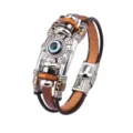 Pulsera de cuero multicapa con amuleto de mal de ojo, cierre de acero inoxidable. - Estilo Mal de Ojo / Marrón