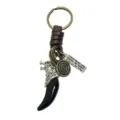 Llavero retro de diente de lobo con cuerda de cuero trenzado y colgante de metal para uso diario. - Cabeza de Lobo de Plata Antiguo
