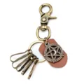 Primer plano detallado del llavero de aleación de bronce retro con pentáculo y correa de cuero. - Estilo de Bloque de Cuero / Multicolor