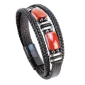Pulsera de cuero trenzado multicapa para hombre con detalle de piedra roja y cierre magnético. - Estilo Trenzado Piedra Roja (C)