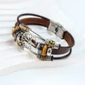 Pulsera arbol de la vida de cuero detalle cierre acero inoxidable multicapa joyeria - Árbol de la suerte / Marrón