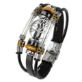 Pulsera multicapa de cuero genuino con dije de árbol de la vida y cierre de acero inoxidable. - Árbol de la suerte / Negro