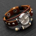 Vintage leather wrap bracelet quartz watch with braided strap and metal stud details. - Brown